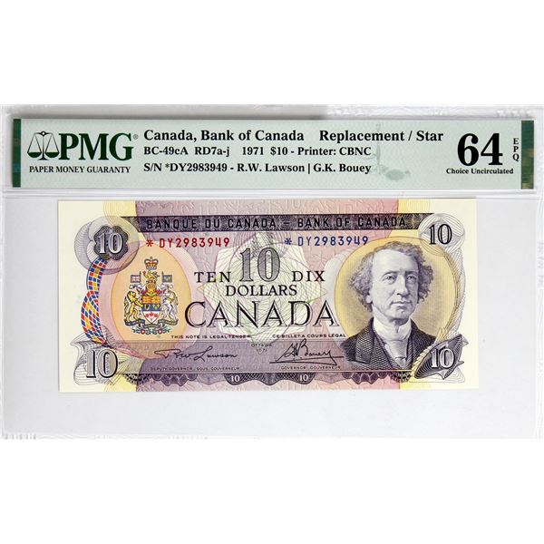 BC-49cA 1971 Bank of Canada Replacement $10, Lawson-Bouey S/N: *DY2983949. PMG Certified CUNC-64 EPQ