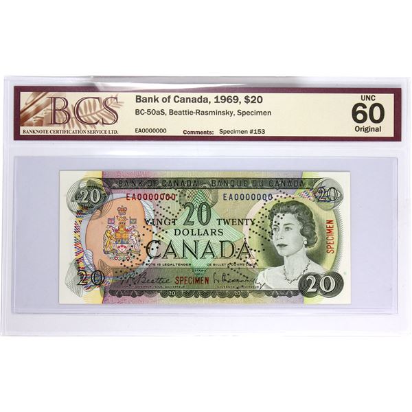 BC-50aS 1969 Bank of Canada, $20 SPECIMEN (#153)  Beattie-Rasminsky, S/N: EA0000000. BCS Certified M