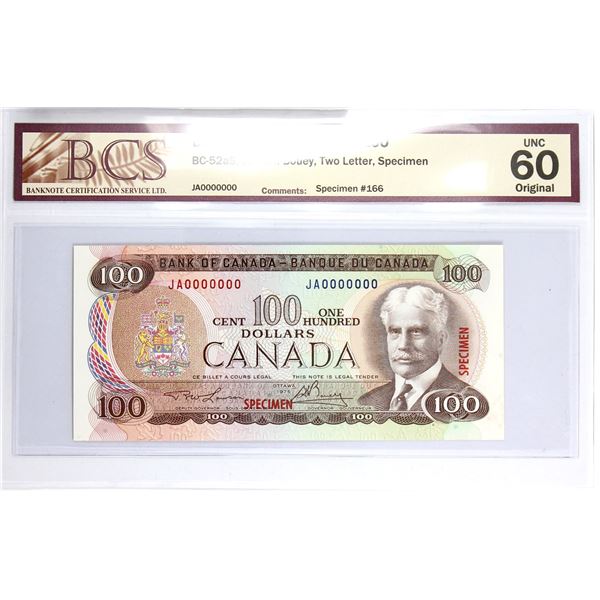 BC-52aS 1975 Bank of Canada SPECIMEN (#166) $100, Lawson-Bouey S/N: JA0000000. BCS Certified UNC-60 