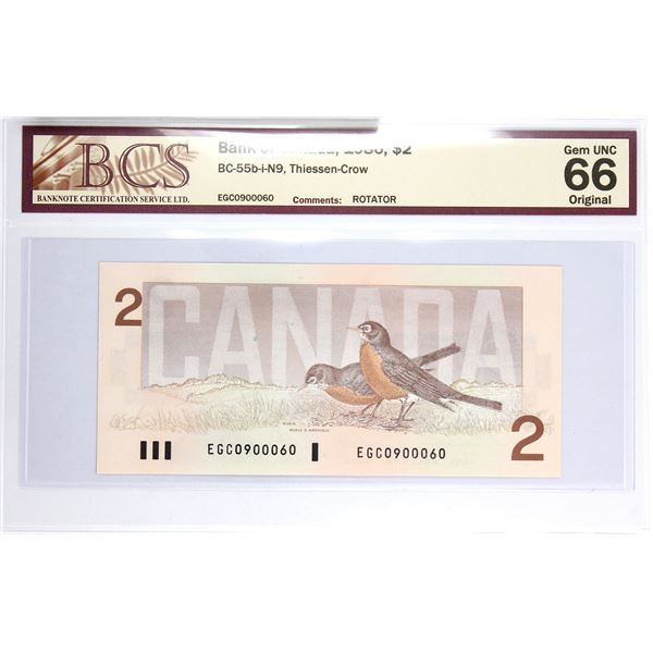 BC-55b-i-N9 1986 Bank of Canada Rotator $2, Thiessen-Crow S/N: EGC0900060. BCS Certified GEM UNC-66 