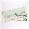 Image 1 : BC-58a-ii-N5-iii 2x consecutive 1991 Bank of Canada, $20 Low Serial # Thiessen-Crow, S/N: AIA0000032