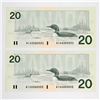 Image 3 : BC-58a-ii-N5-iii 2x consecutive 1991 Bank of Canada, $20 Low Serial # Thiessen-Crow, S/N: AIA0000032