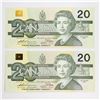 Image 4 : BC-58a-ii-N5-iii 2x consecutive 1991 Bank of Canada, $20 Low Serial # Thiessen-Crow, S/N: AIA0000032