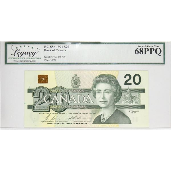 BC-58b 1991 Bank of Canada $20, Bonin-Thiessen S/N: EVC3844779, Legacy Certified Superb Gem New-68 P