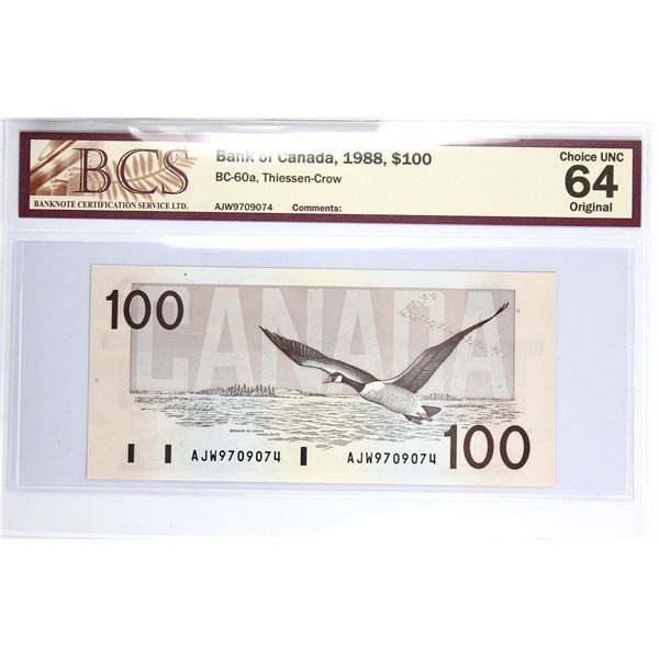 BC-60a 1988 Bank of Canada $100, Thiessen-Crow S/N: AJW9709074. BCS Certified Choice UNC-64 Original