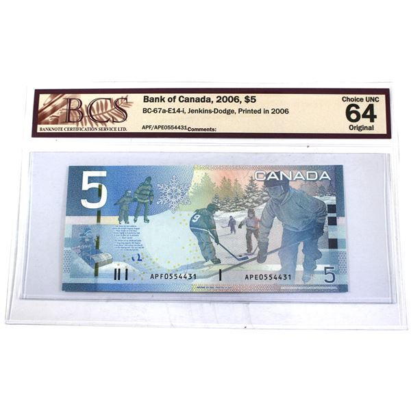 BC-67a-E14-i. Error 2006 Bank of Canada Mismatched Prefix $5, Jenkins-Dodge, APF/APE0554431, BCS Cer