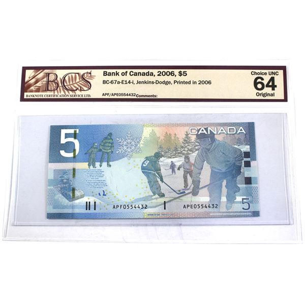 BC-67a-E14-i. Error 2006 Bank of Canada Mismatched Prefix $5, Jenkins-Dodge, APF/APE0554432, BCS Cer