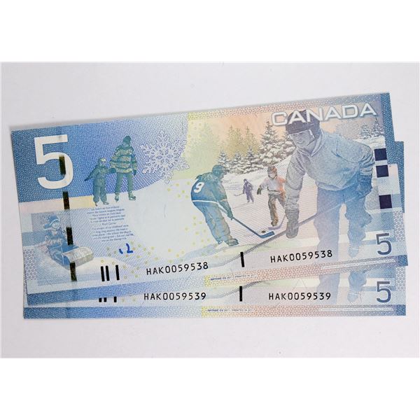 BC-67c 2011 Bank of Canada, 5 2x Sequential  Macklem-Carney, S/N: HAK0059538/539. Last issue prior t