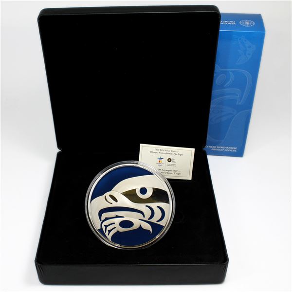 2010 $250 Vancouver Olympics - The Eagle 1 Kilo Proof Fine Silver Coin with Blue Enameling. (TAX Exe