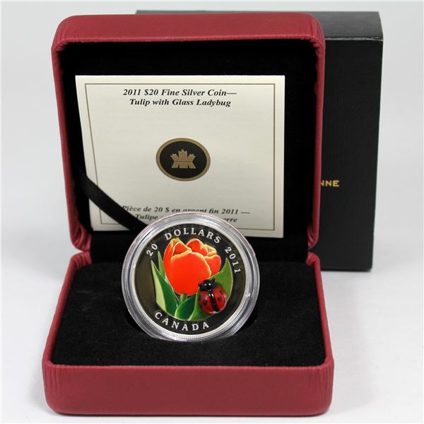 2011 $20 Tulip with Venetian Glass Ladybug 1oz Fine Silver Coin. Very low COA #0005 out of 5000 mint