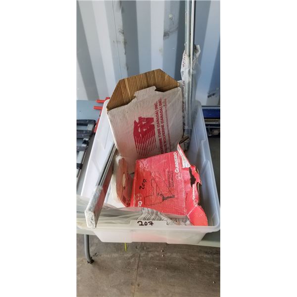 TUB WITH TWO ROLLS OF COPPER TUBING, ASSORTED DRAW SLIDES, WINDOW SEAL, 1/2 BOX OF FRAMING NAILS