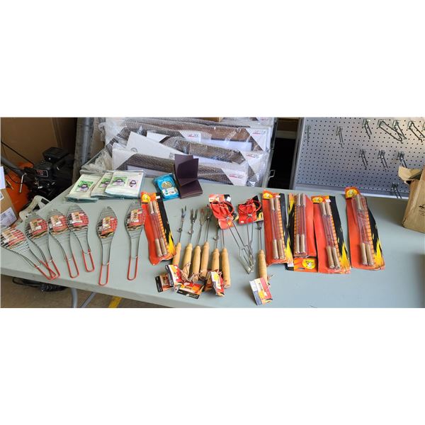 BOX OF NEW BBQ SKEWERS, FISH GRILLS, BOX OF WOODEN END CAPS, ROUND MOLDING