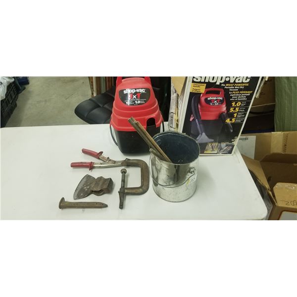 MINI SHOP-VAC, ANTIQUE AXE HEAD, ASSORTED STAKES, C-CLAMP