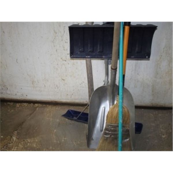 2 SNOW SHOVELS, BROOMS, AXE