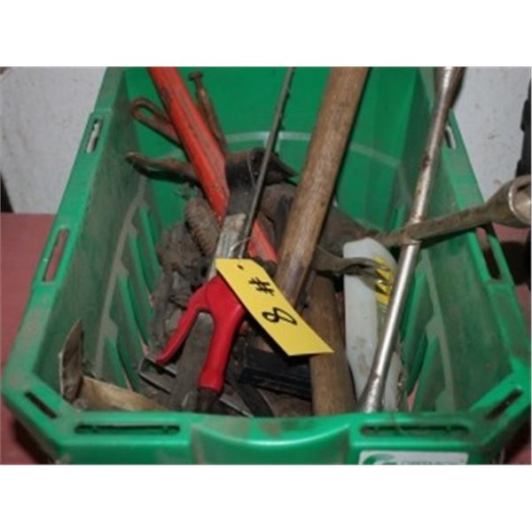 BOX OF ASSORTED TOOLS (HAMMERS, PIPE WRENCHES, PRY BARS, WHEEL WRENCH & VARIOUS PLIERS)
