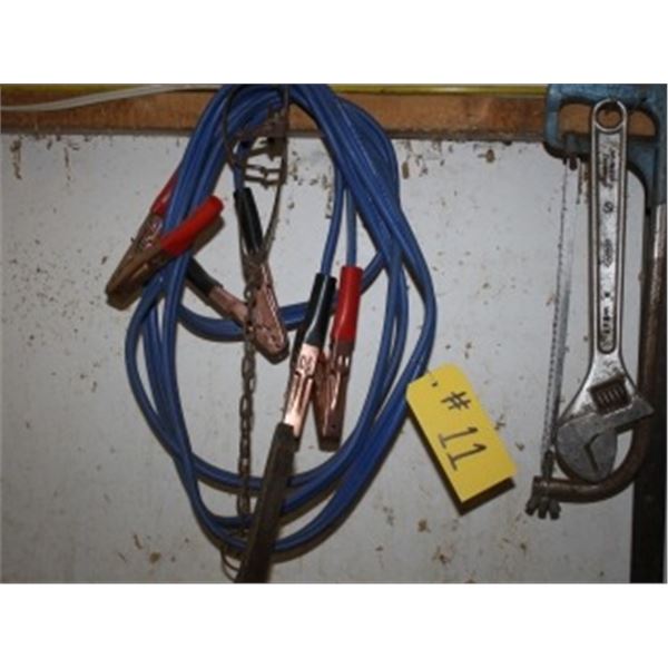BOOSTER CABLES, TRAP, SAW, CRESCENT WRENCH