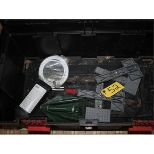 BLACK PLASTIC TOTE, SHOVEL, CORD, CLAMPS