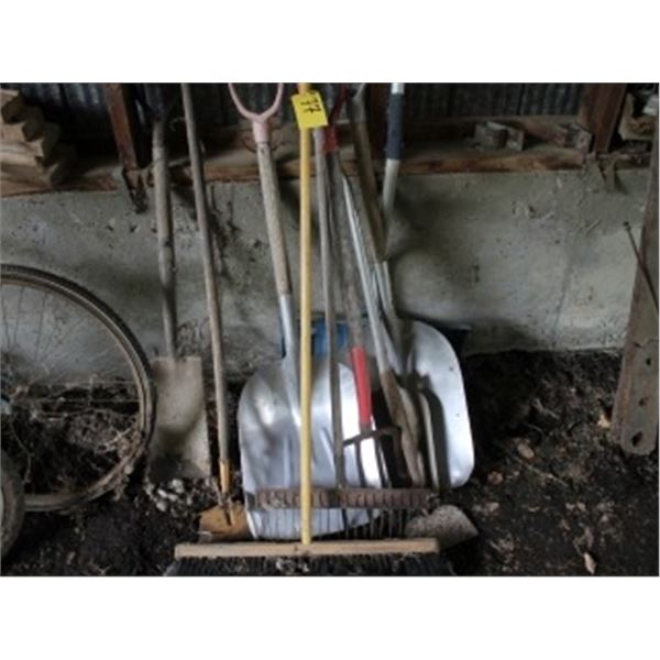 5 SHOVELS, BROOM, RAKE, 2 HOES