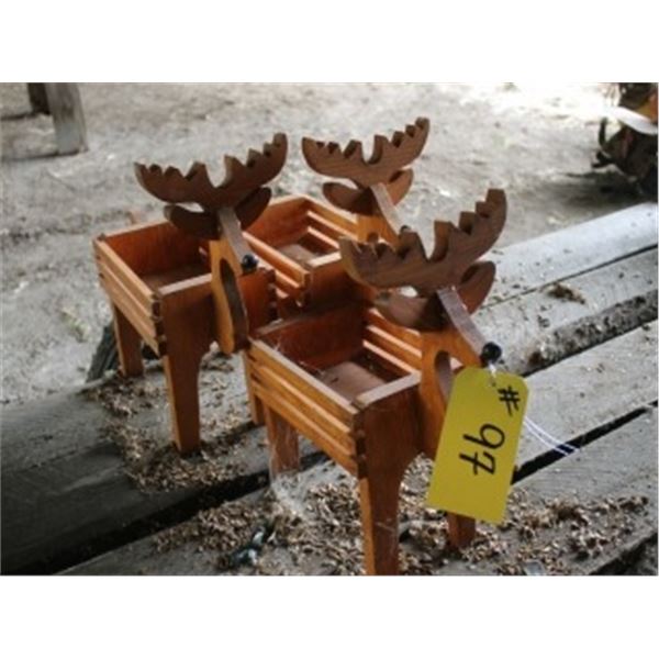 3 WOODEN DEER PLANTERS