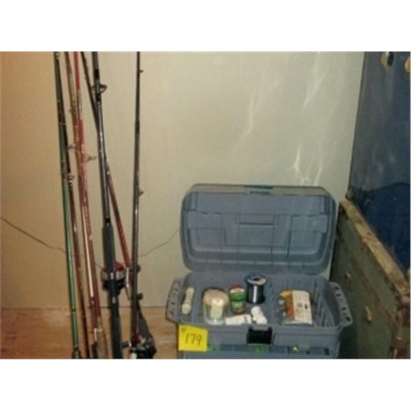 APPROX 8 FISHING RODS & LRG TACKLE BOX C/W CONTENTS