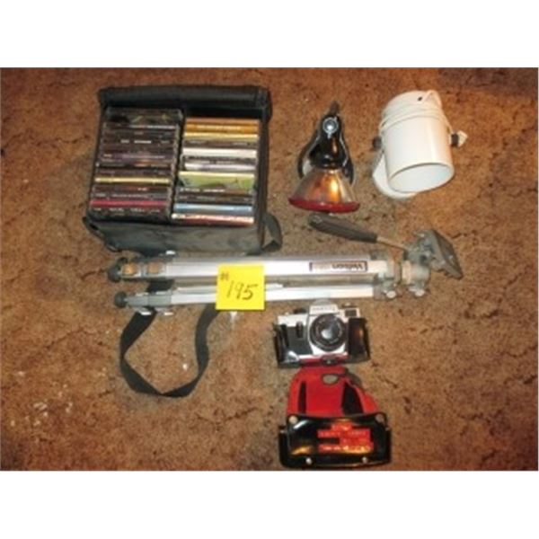 2 LIGHTS, ASSORTED MUSIC CD'S IN CASE, CAMERA C/W CASE & TRIPOD (PRACTIKA)