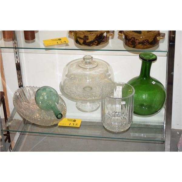 COLLECTION OF GLASS SERVING PIECES & BOTTLES (5 PCS)