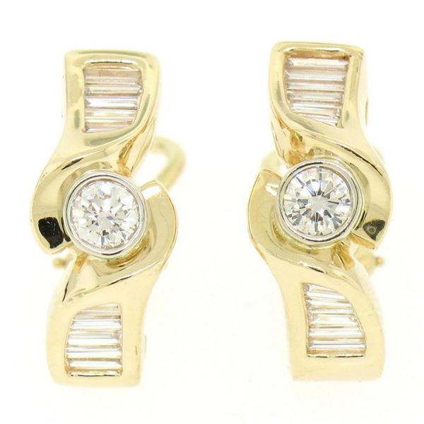 14k Yellow Gold 1.70 ctw VS1 Round & Baguette Cut Diamond Bypass Omega Earrings