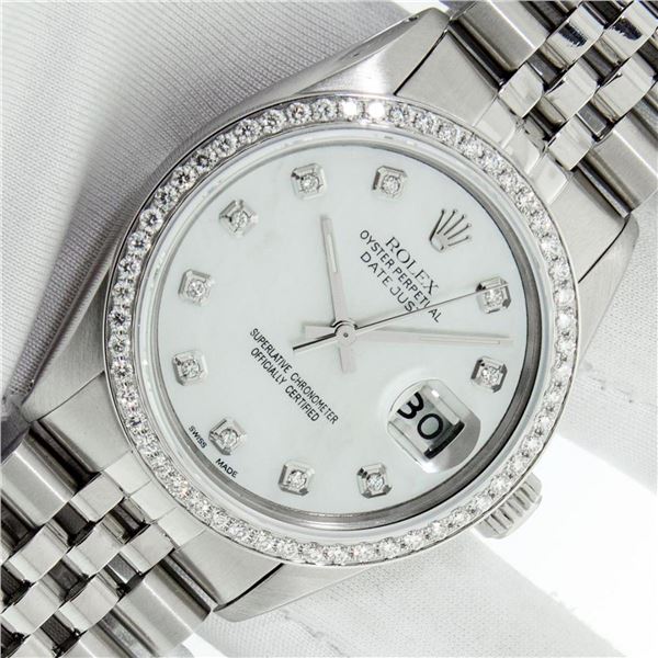 Rolex Mens Stainless Steel Mother Of Pearl Diamond 36MM Oyster Perpetual Datejus