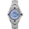 Image 2 : Rolex Ladies SS Blue MOP Diamond & Sapphire 18K Gold Bezel Watch 26MM