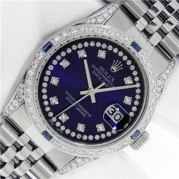 Rolex Mens Stainless Steel Blue String Diamond Lugs & Sapphire Datejust Wristwat
