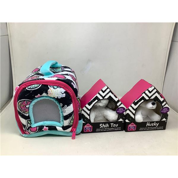 NEW Rescue Petz Lot Of 3 Plush Toys Shih Tzu, Husky, And Travel Case