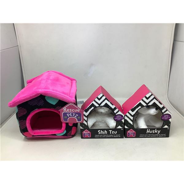 NEW Rescue Petz Lot Of 3 Plush Toys Shih Tzu, Husky, And Travel Case