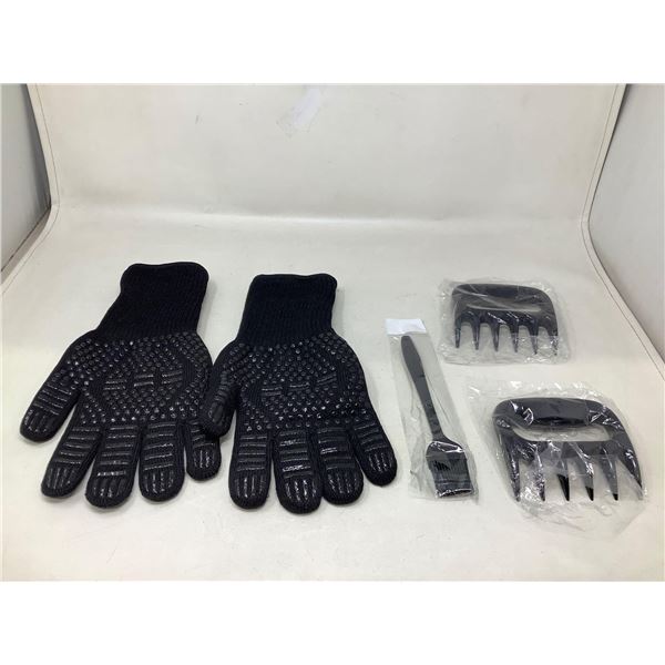 14" Heat Resistant BBQ Gloves With BBQ Brush And BBQ Bear Claws For Shredding Meat