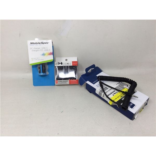 Lot of NEW electronic items chargers, headphones, etc