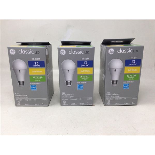 Lot of 3 NEW GE Classic LED Tri Lights A19