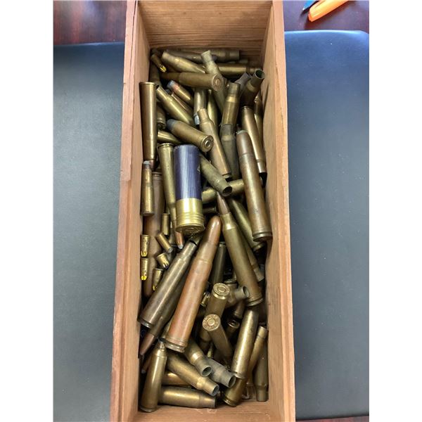 Wood box of assorted ammo and casings