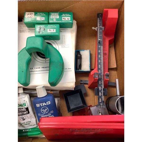 Box Lot of assorted reloading supplies and tools, scale, lubes, etc