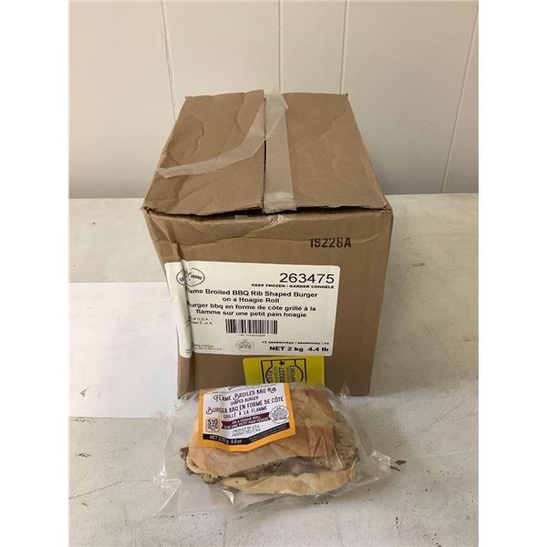 Case of Frozen Grand Prairie Flame Broiled BBQ Rib Shaped Burger on a Hoagie Roll 12/CS (2kg)
