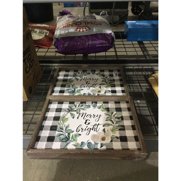 Merry and Bright Gingham Box Sign Lot of 2 (15.625in x 11.625in)