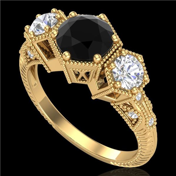 1.66 ctw Fancy Black Diamond Art Deco 3 Stone Ring 18k Yellow Gold - REF-123A3N