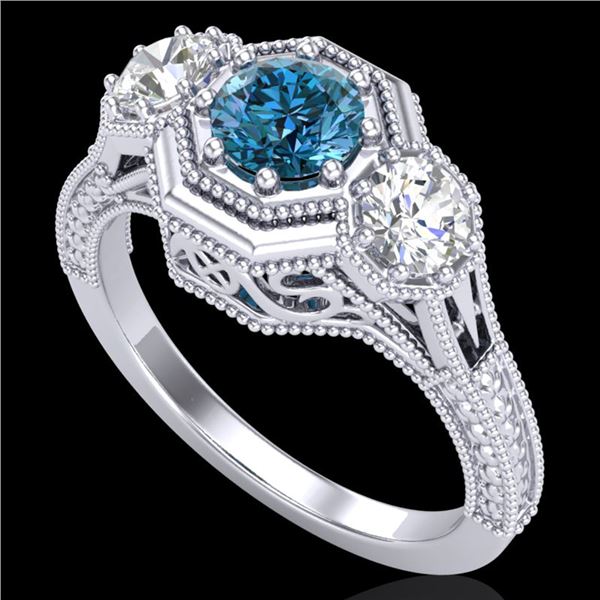 1.05 ctw Intense Blue Diamond Art Deco 3 Stone Ring 18k White Gold - REF-161X8A