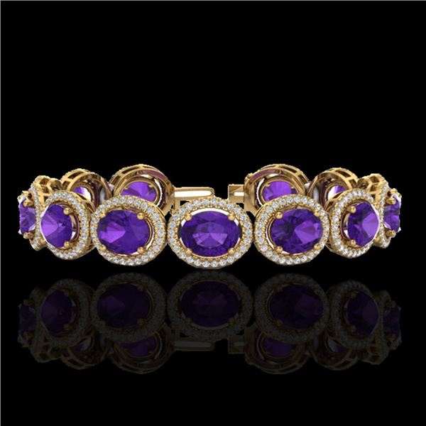 24 ctw Amethyst & Micro Pave VS/SI Diamond Bracelet 10k Yellow Gold - REF-360R2K