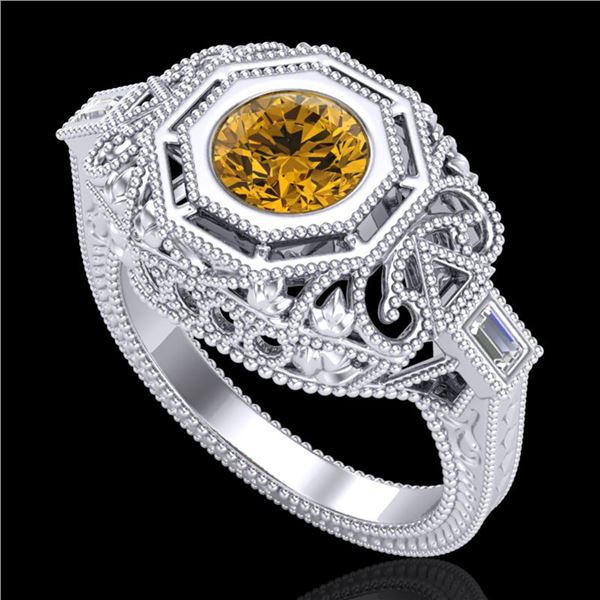 1.13 ctw Intense Fancy Yellow Diamond Art Deco Ring 18k White Gold - REF-309M3G