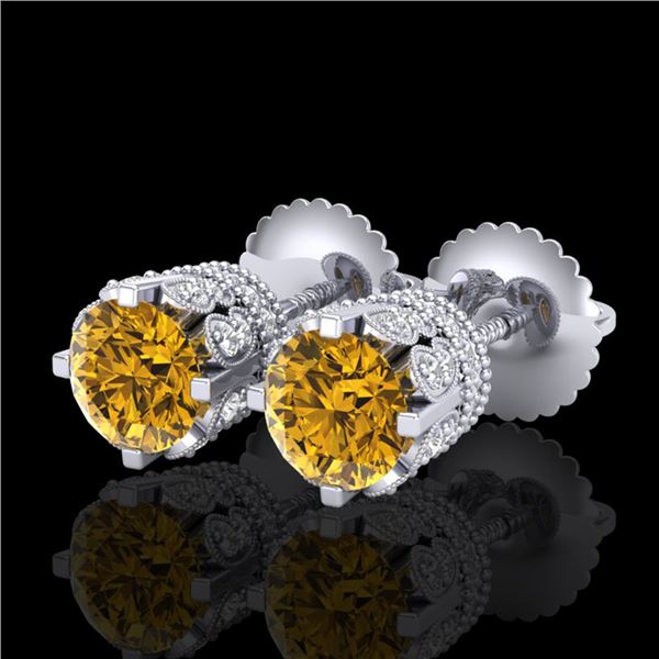 1.75 ctw Intense Fancy Yellow Diamond Art Deco Earrings 18k White Gold - REF-172G8W