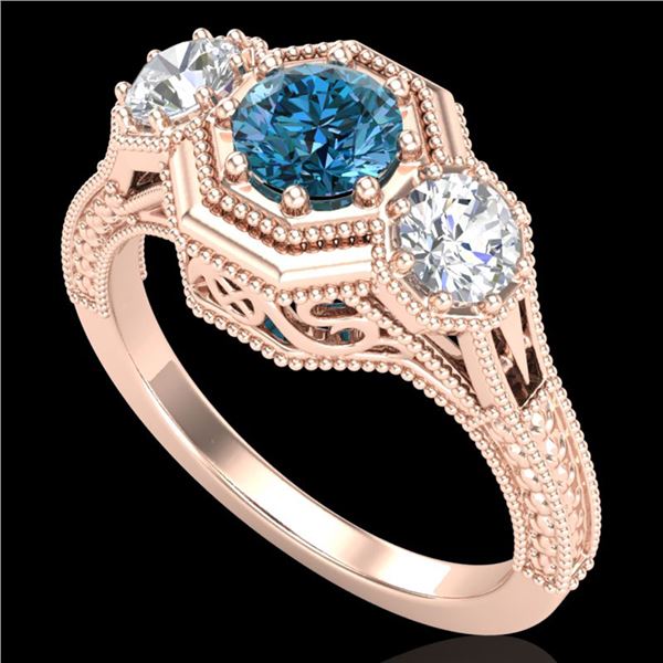 1.05 ctw Intense Blue Diamond Art Deco 3 Stone Ring 18k Rose Gold - REF-161N8F