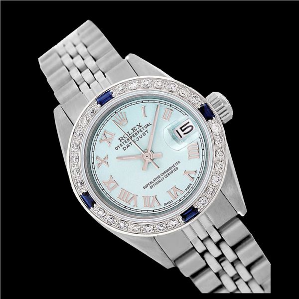 Rolex Ladies Stainless Steel, Roman Dial with Diam/Sapphire Bezel, Sapphire Crystal