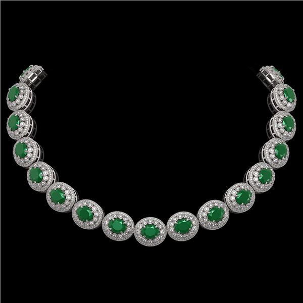 111.75 ctw Emerald & Diamond Victorian Necklace 14K White Gold - REF-3094W9H
