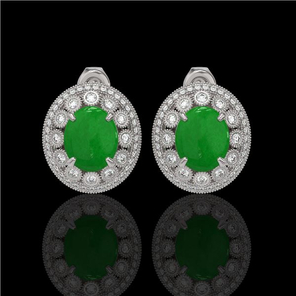 10.61 ctw Jade & Diamond Victorian Earrings 14K White Gold - REF-269H3R