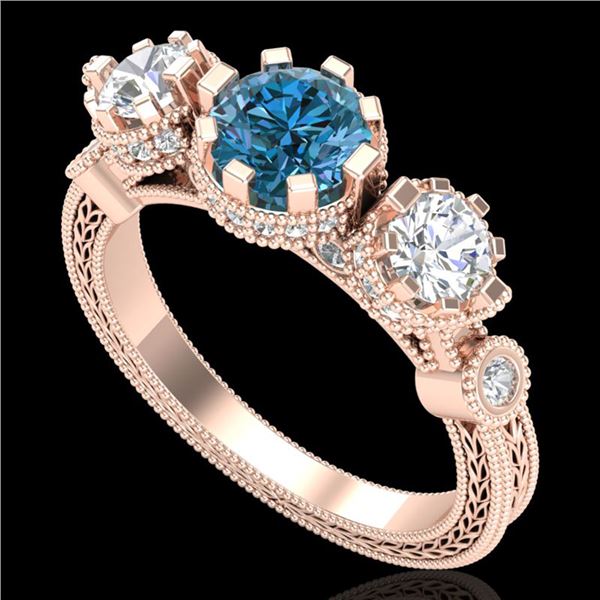 1.75 ctw Intense Blue Diamond Art Deco 3 Stone Ring 18k Rose Gold - REF-227R3K