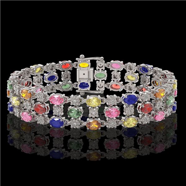 18.16 ctw Multi Color Sapphire & Diamond Row Bracelet 10K White Gold - REF-250R9K